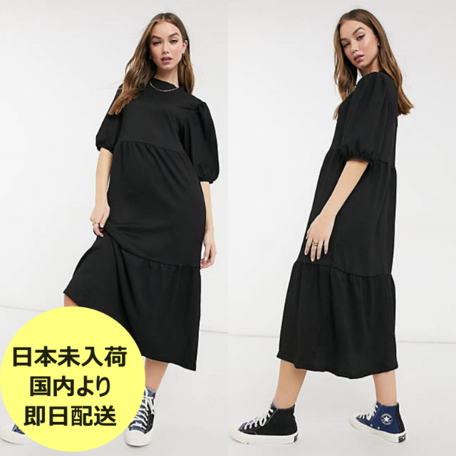 asos(エイソス)の日本未入荷＊ASOS ミディティアードスモックドレス/Black レディースのワンピース(ひざ丈ワンピース)の商品写真