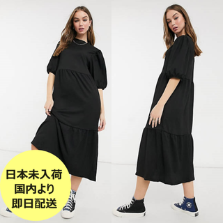 エイソス(asos)の日本未入荷＊ASOS ミディティアードスモックドレス/Black(ひざ丈ワンピース)