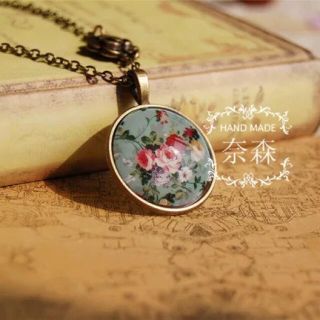 【SALE】アンティーク調ネックレス 花柄 ブルー ハンドメイド(ネックレス)