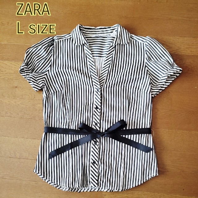 ZARA(ザラ)のZARA　ストライプ半袖シャツ　リボン レディースのトップス(シャツ/ブラウス(半袖/袖なし))の商品写真