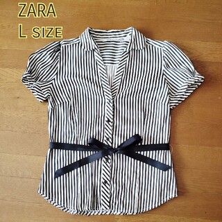 ザラ(ZARA)のZARA　ストライプ半袖シャツ　リボン(シャツ/ブラウス(半袖/袖なし))
