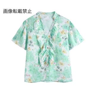 ザラ(ZARA)の🍀5月新作🎏4203◆green グリーン 花柄 フリル ブラウス(シャツ/ブラウス(半袖/袖なし))