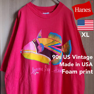 ヘインズ(Hanes)のUS古着 USA製 Tシャツ 発泡プリント フィッシュ アニマル ハワイ XL(Tシャツ/カットソー(半袖/袖なし))