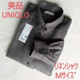 ユニクロ(UNIQLO)の美品UNIQLOプレミアムリネンシャツ(長袖)グレーMサイズ(シャツ/ブラウス(長袖/七分))