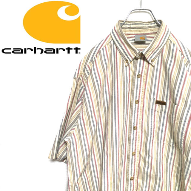 carhartt(カーハート)のカーハート　アメリカ古着　半袖シャツ ストライプ　ワンポイント　ベージュ　メンズ メンズのトップス(シャツ)の商品写真