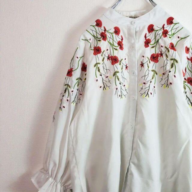 スタンドカラー 花柄 刺繍 長袖シャツ 白ブラウス トップス レディース