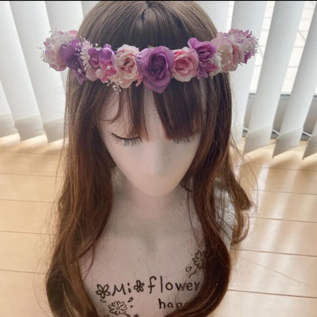 花かんむり♡ピンク♡紫♡かすみ草 花ピン挟むタイプ - ヘッドドレス