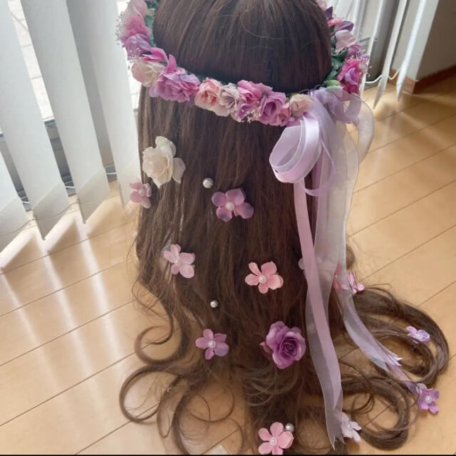 花かんむり♡ピンク♡紫♡かすみ草 花ピン挟むタイプ - ヘッドドレス
