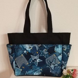 売る なら デニム調星とパッチワーク(ブルー系)サイドポケットトート