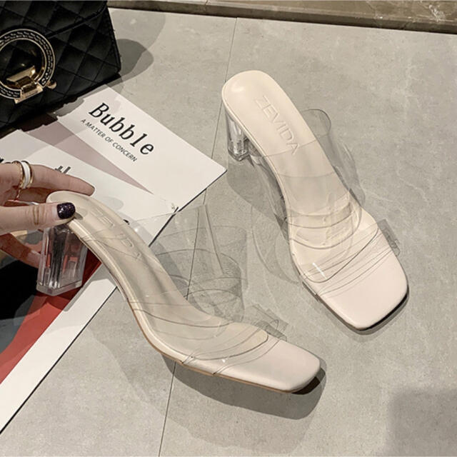 ホワイト クリアサンダル レディース ストラップ 太ヒール  レディースの靴/シューズ(サンダル)の商品写真