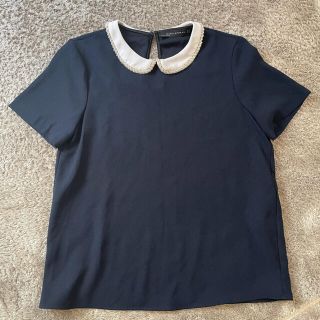 ザラ(ZARA)のZARA ビジュー襟付きトップス　ネイビー(シャツ/ブラウス(半袖/袖なし))