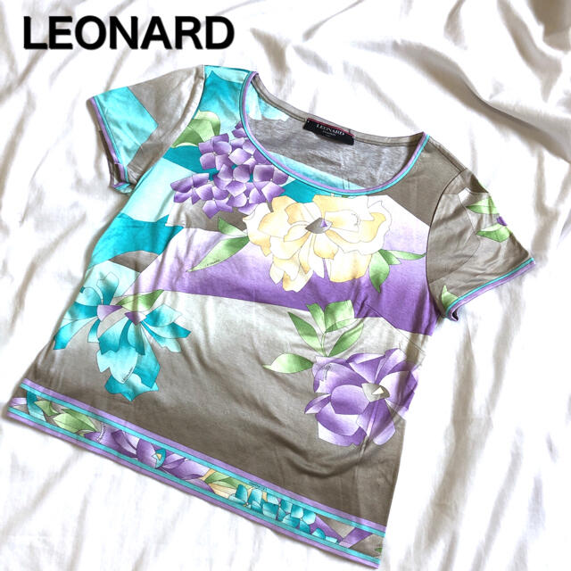 優先配送 LEONARD - LEONARD レオナール Tシャツ カットソー 花柄 半袖　大きいサイズ　L カットソー(半袖+袖なし)