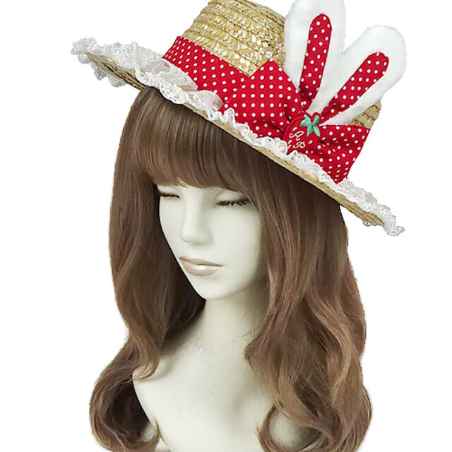 Angelic Pretty(アンジェリックプリティー)のLittle Bunny StrawberryストローHat アカ レディースの帽子(麦わら帽子/ストローハット)の商品写真