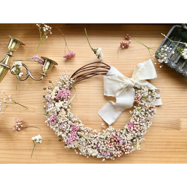 spring wreath＋mobile【antiquewhite×pink】 ハンドメイドのフラワー/ガーデン(リース)の商品写真