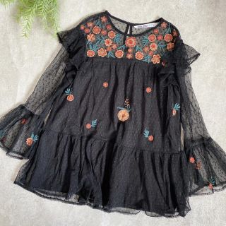 ザラ(ZARA)の【ザラベーシック】シースルー刺繍ブラウス　チュール　ドット　黒　Sサイズ(シャツ/ブラウス(長袖/七分))