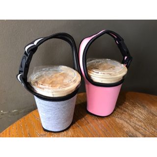 専用　ドリンク／飲み物ホルダー　ピンク&グレー(エコバッグ)