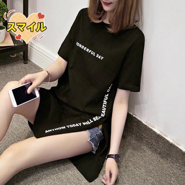 レディース服夏トップス　ロングTシャツ　体型カバー　ロゴTシャツ　夏服白M レディースのトップス(Tシャツ(半袖/袖なし))の商品写真