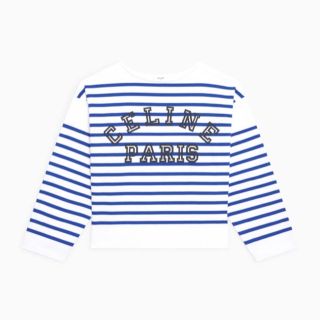 美品 セリーヌ CELINE Tシャツ カットソー ロングスリーブ ボーダー柄 コットン トップス レディース L ホワイト/ネイビー