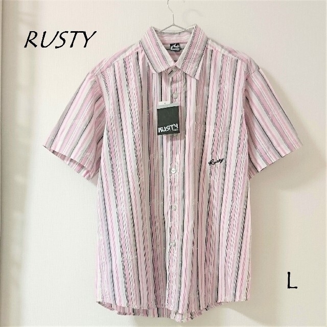 【レア・新品・未使用・タグ付】RUSTY ラスティー  ストライプ 刺繍 シャツ