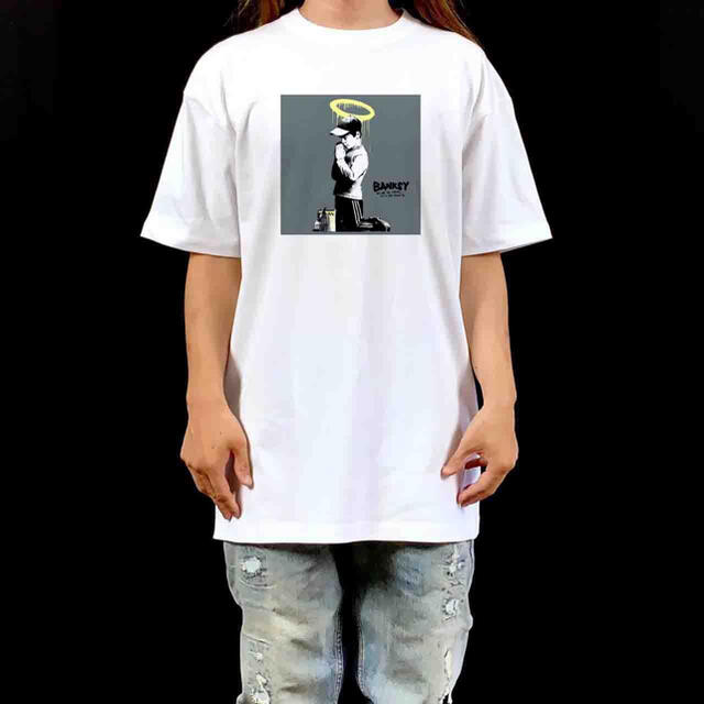 新品 バンクシー BANKSY 天使の輪 少年 合掌 祈り ビッグ 白 Tシャツ