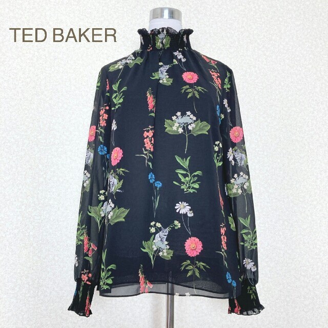 美品　テッドベーカー　TED BAKER　花柄ブラウス　ハイネック　黒　シアー