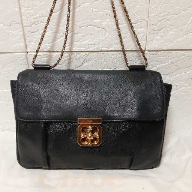 Chloe エルシー　チェーンショルダーバッグ　レザー　ブラック　ゴールド金具