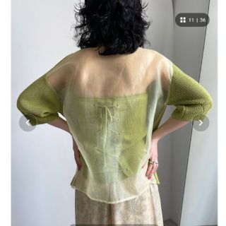 アメリヴィンテージ(Ameri VINTAGE)のAMERI  MEDI BACK SHEER KNIT TOP ピスタチオ新品　(カットソー(半袖/袖なし))