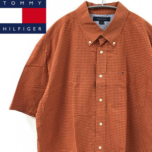 人気　トミーヒルフィガー　半袖チェックシャツ　ビッグサイズ　オレンジ　L5　FT