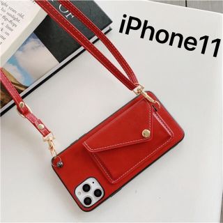 ★iPhoneケース PUレザー スマホポーチ  カード入れ シンプル　レッド(iPhoneケース)