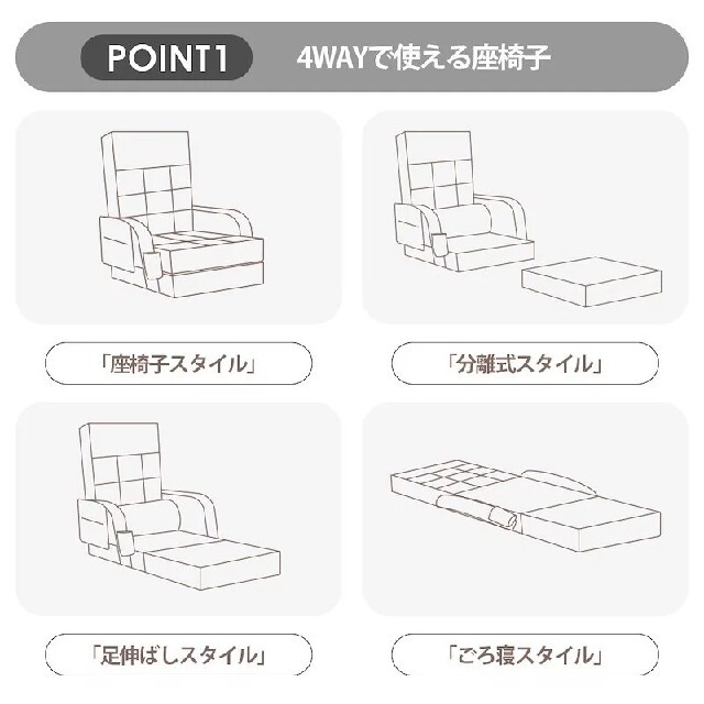 座椅子 4WAY リクライニング 座椅子一人 座椅子ソファ日本製ギア14段階調節 インテリア/住まい/日用品のソファ/ソファベッド(一人掛けソファ)の商品写真