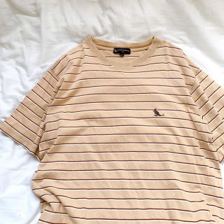 メンズ 古着 Tシャツ ベージュ レトロ 韓国 半袖 ボーダー柄 (シャツ)