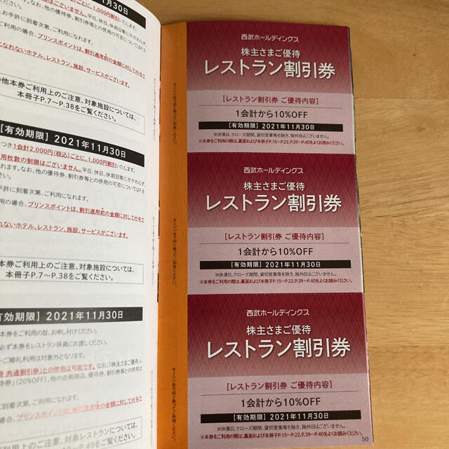 株主優待　西武鉄道　2021年11月末まで　割引券・優待券　1冊 チケットの優待券/割引券(レストラン/食事券)の商品写真