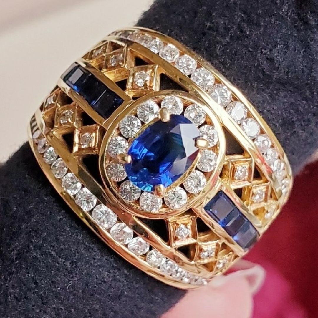 K18 非加熱 ロイヤルブルーサファイア 1.40ct ダイヤ 0.86 リングの