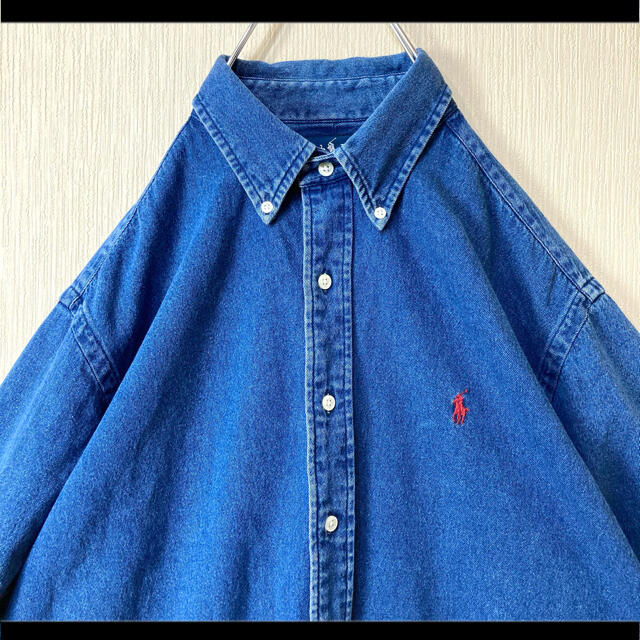 ラルフローレンラルフローレン ボタンダウンシャツ 半袖 デニム 赤ポニー刺繍 90s
