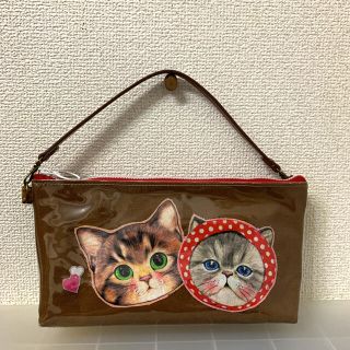 猫さん　内側もかわいいビニールポーチ　持ち手付き　ブラウン(ポーチ)