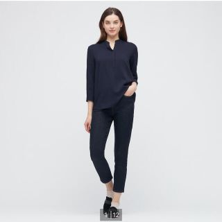 ユニクロ(UNIQLO)の新品　ユニクロ　レーヨンスキッパーブラウス　七分袖　ネイビー　S(シャツ/ブラウス(長袖/七分))