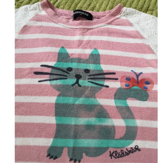 kladskap(クレードスコープ)のクレードスコープ☆半袖Tシャツ ねこ ピンクストライプ size110センチ キッズ/ベビー/マタニティのキッズ服女の子用(90cm~)(Tシャツ/カットソー)の商品写真