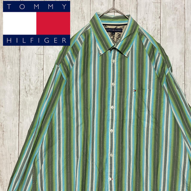 TOMMY HILFIGER(トミーヒルフィガー)のTOMMY トミーヒルフィガー BDシャツ グリーンストライプ 刺繍ロゴ XXL メンズのトップス(シャツ)の商品写真