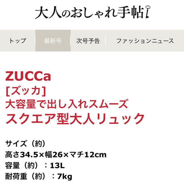 ZUCCa(ズッカ)の雑誌付録　ZUCCA スクエア型リュック レディースのバッグ(リュック/バックパック)の商品写真