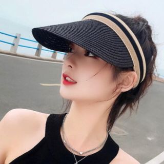 サンバイザー レディース 帽子 UVカット 日除け 夏 ブラック ストロー(その他)