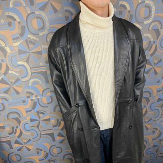 愛用 90s VINTAGE ロングレザーチェスターコート L 黒 古着 ダブル 本