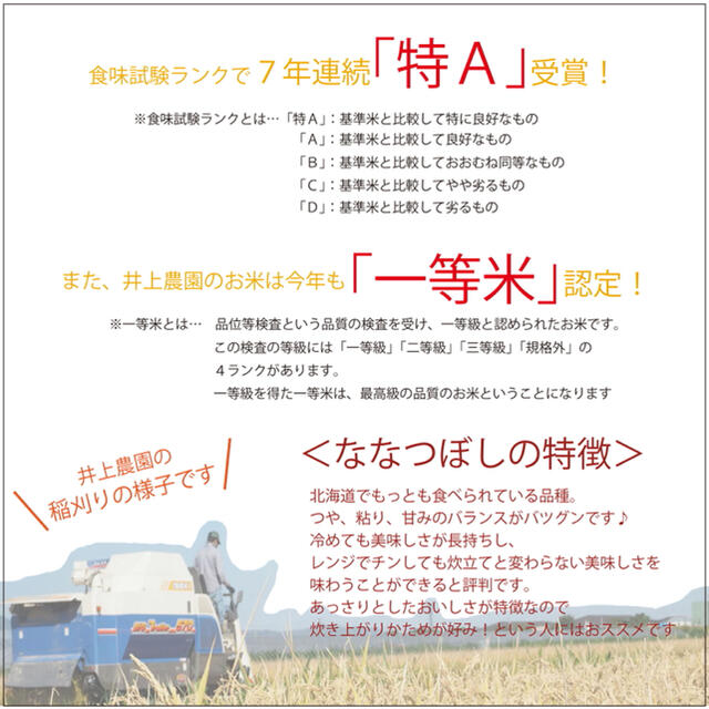 1等米　ななつぼし　白米5kg お米　米　ブランド米　農家直送　精米価格 食品/飲料/酒の食品(米/穀物)の商品写真