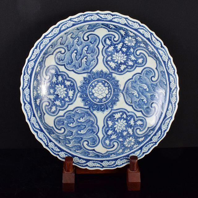 中国　青花　花文盤　飾皿　大皿　古玩　V　R3552B
