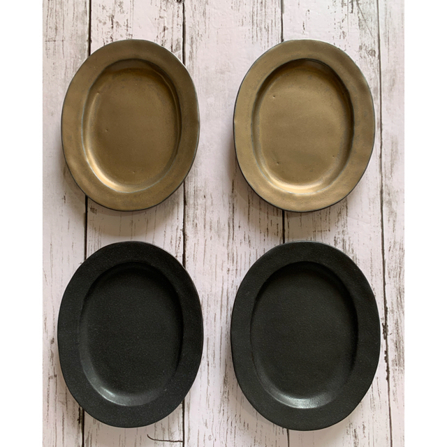 リムオーバル皿 マットゴールドマット黒4枚 小皿オシャレ 陶器 楕円デザート皿