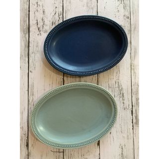 ドット ネイビー&グレー オーバル 中皿 2枚 洋食器 美濃焼オシャレ カフェ風(食器)