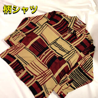 古着 柄シャツデザインシャツアートレトロレーヨン L ベージュ日本製ストリート(シャツ)