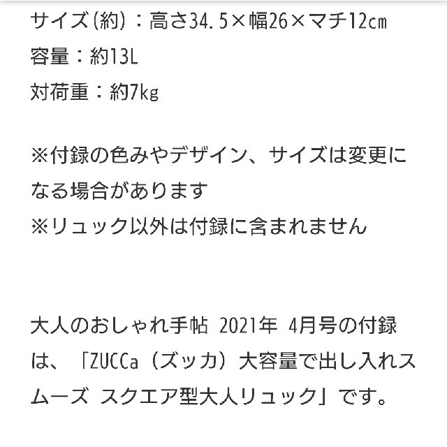 ZUCCa(ズッカ)のおとなのおしゃれ手帖付録ズッカバックパック レディースのバッグ(リュック/バックパック)の商品写真