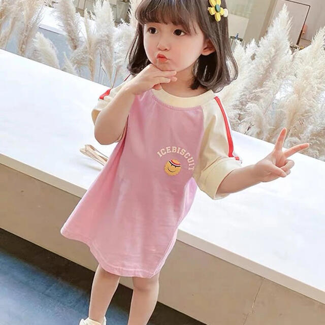 キッズTシャツワンピース　ニコちゃんロゴトップス　女の子服夏物ブルー90 キッズ/ベビー/マタニティのキッズ服女の子用(90cm~)(ワンピース)の商品写真