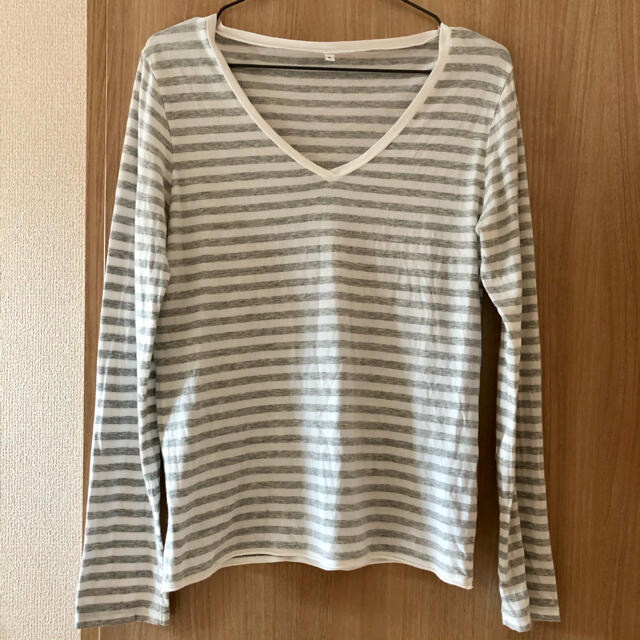 MUJI (無印良品) 無印良品 ボーダー Vネック Tシャツ カットソー グレー×ホワイト Lサイズの通販 by 酸味's  shop｜ムジルシリョウヒンならラクマ