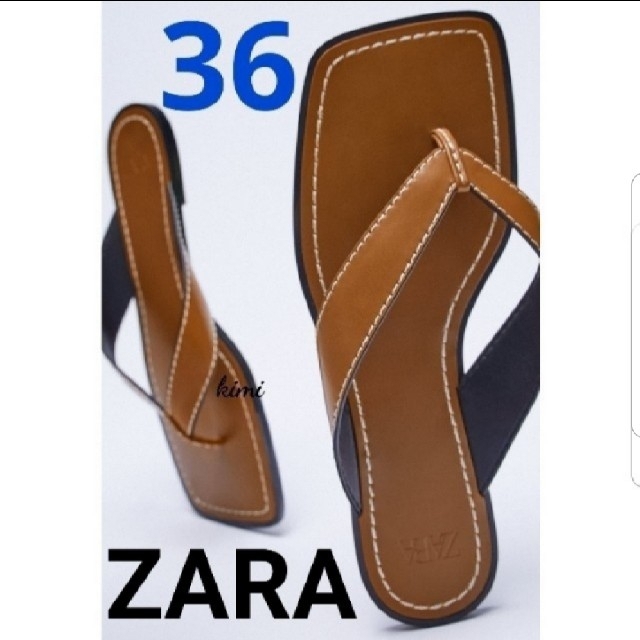 ZARA　(36 ブラウン) トップステッチ&スクエアトゥフラットサンダル